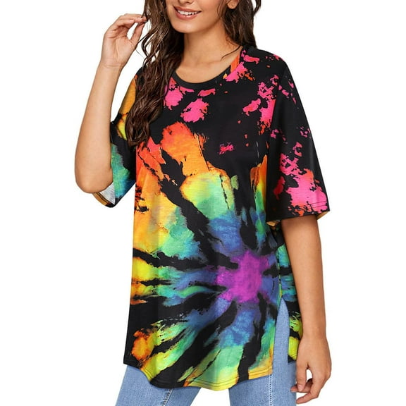 TIYOMI Women's Plus Size Oversized T-Shirts 3X Distressed Tie Dye Summer Short Sleeve Sun Tops Round Neck Shirts Workout Boyfriend Pullover Basic Casual T-Shirt Loose Fit Summer Tee 3XL 22W 24W