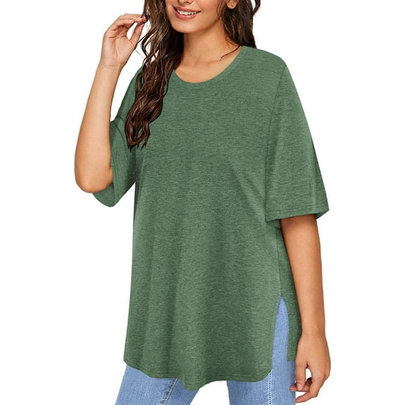 TIYOMI Women's Plus Size Oversized T-Shirts 3X Green Summer Short Sleeve Tops Round Neck Shirts Workout Boyfriend Pullover Solid Basic Casual T-Shirt Loose Fit Summer Tee 3XL 22W 24W