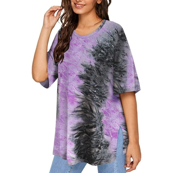 TIYOMI Women's Plus Size Oversized T-Shirts 3X Purple Tie Dye Summer Short Sleeve Tops Round Neck Shirts Workout Boyfriend Pullover Casual T-Shirt Loose Fit Summer Tee 3XL 22W 24W