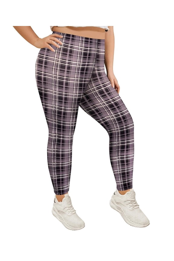 Women's Plus Size Pants Full Length 3X Ankle Leggings Stretchy Soft Casual Butt Fit Leggings Grey Plaid Bottom Autumn Winter Wear Out Pants 3XL 20-22