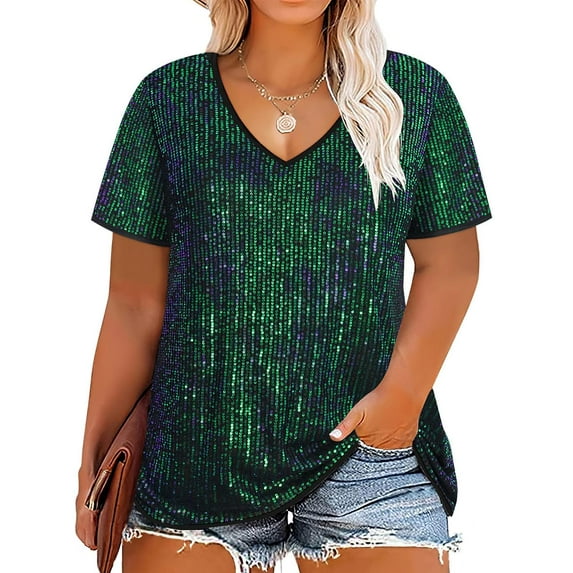 TIYOMI Women's Plus Size Party Tops 3X Forest Green Summer Sequin Tops Short Sleeve V-Neck Shirts Club Sparkly Tunic Cocktail Birthday Casual Blouses Loose Fit Summer Tee 3XL 22W 24W