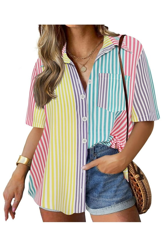 Women's Plus Size Rainbow Stripe Shirts Pride Month Tops Short Sleeve 3X Button Down Beach Shirts Loose Fit Summer Loose Fit Blouses 3XL 22W 24W