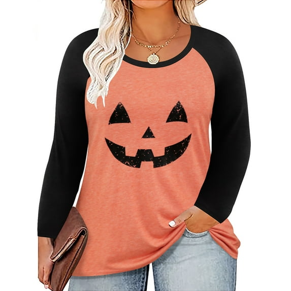 TIYOMI Women's Plus Size Shirts Halloween Orange Long Sleeve 3X Tops Crewneck Raglan Pumpkin Face Pullover Color Block Blouses Loose Fit Autumn Winter Tunics 3XL 22W 24W