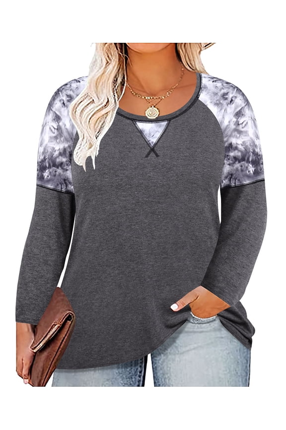 Women's Plus Size Shirts Tie Dye Long Sleeve 3X Tops Crewneck Raglan Dark Grey Pullover Blouses Loose Fit Autumn Winter Tunics 3XL 22W 24W