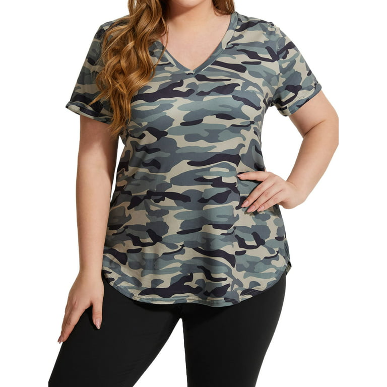 TIYOMI Women's Plus Size Sport Tops 3X V Neck Camo Quick Dry Blouses Loose  Fit Summer Athletic Shirts 3XL 22W 24W 