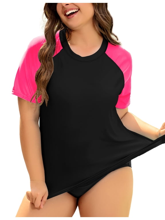 Women's Plus Size Swimsuit Tops 3X Black Pink Raglan Rash Guard Shirts Short Sleeve Surfing Swim Shirts 3XL 22W 24W