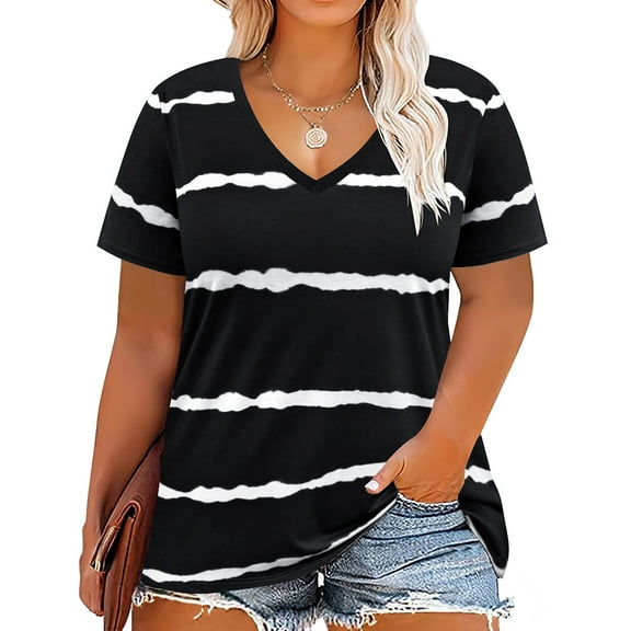 TIYOMI Women's Plus Size T-Shirt Tie Dye Tee Shirts Short Sleeve Striped Tops Tunic Raglan Black XL
