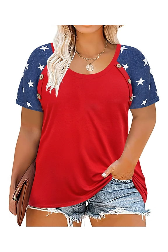 Women's Plus Size T-Shirts 3X 4th of July Summer Short Sleeve Tops Round Neck Shirts American Flag Star Pullover Red Raglan Casual T-Shirt Loose Fit Summer Tee 3XL 22W 24W