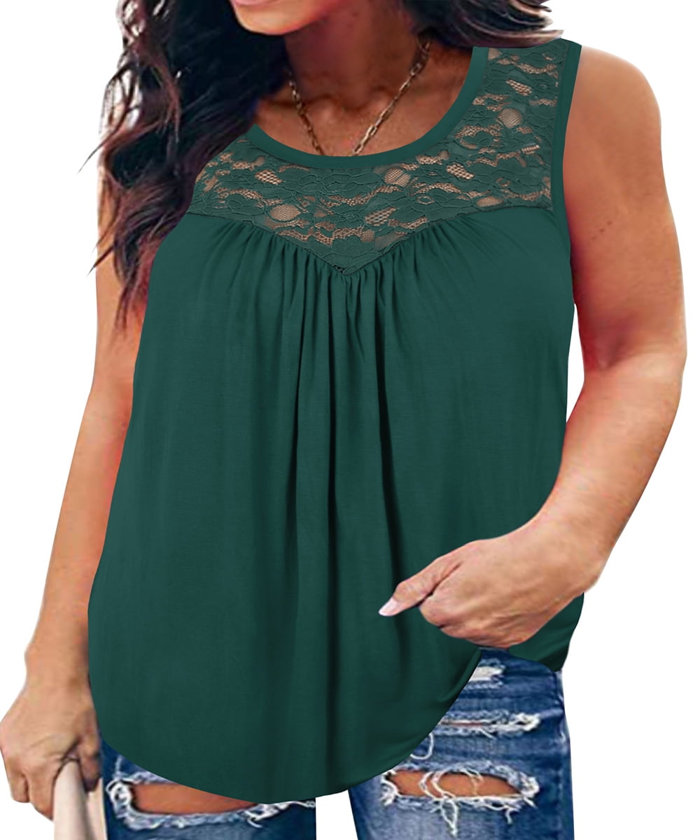 TIYOMI Women's Plus Size Tank Tops Lace Stitching Shirts 3X Crewneck Green  Blouses Loose Fit Summer Tunics 3XL 22W 24W 