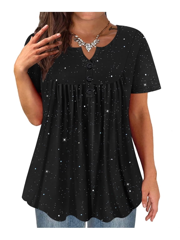 Women's Plus Size Tops 3X Sequin Shirts Black Sparkly Tunic Tops Babydoll Pullover Shinning Blouses Spring Summer Tunics 3XL 22W 24W