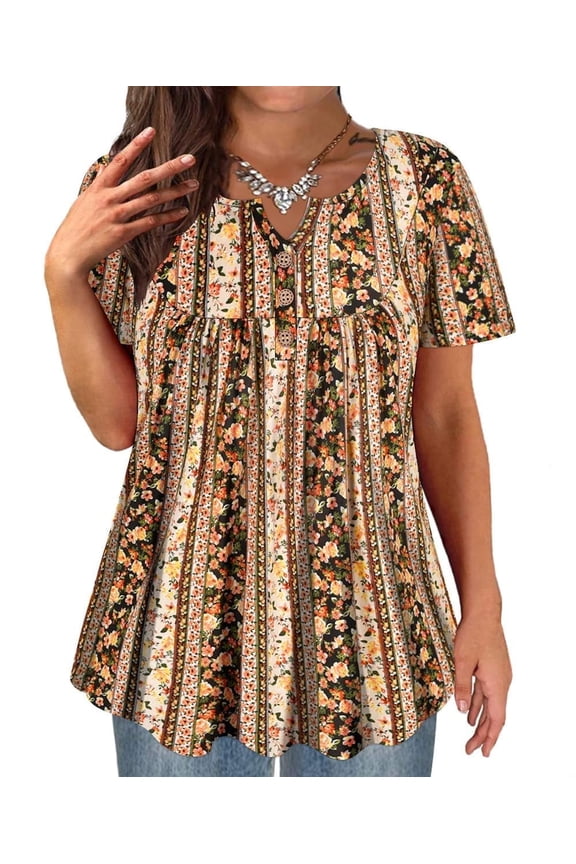 Women's Plus Size Tops 3X Shirts Yellow Floral Tunic Tops Babydoll Flower Pullover Loose Fit Blouses Spring Summer Tunics 3XL 22W 24W