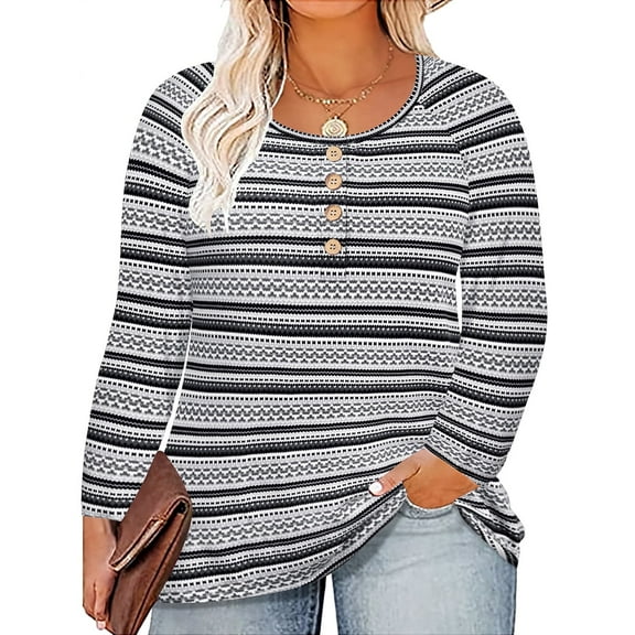TIYOMI Women's Plus Size Tops Christmas Long Sleeve Blouse Black 3X Button Henley Crewneck Totem Printing Shirts Color Block Pullover Xmas Tee Autumn Winter Tunics 3XL 22W 24W