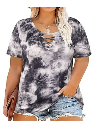 TIYOMI Plus Size Tops For Women V-Neck Pullover Short Sleeve Summer Raglan  T-Shirts Loose Fit Blouses Floral/Tie Dye  Rainbow/Star/Camo/Stripe/Heart/Strawberry Tunics (XL-5XL) 