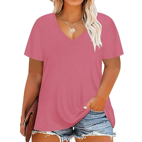 TIYOMI Women's Plus Size Tops Short Sleeve Shirts 3X Dark Pink T-shirts V Neck Pullover Basic Solid Blouses Loose Fit Summer Tunics 3XL 22W 24W