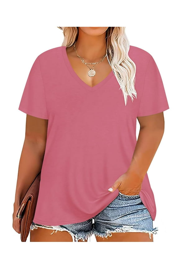 Women's Plus Size Tops Short Sleeve Shirts 3X Dark Pink T-shirts V Neck Pullover Basic Solid Blouses Loose Fit Summer Tunics 3XL 22W 24W