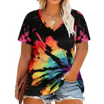 TIYOMI Women's Plus Size Tops Short Sleeve Shirts 3X Rainbow Tie Dye T-shirts V Neck Pullover Blouses Loose Fit Summer Tunics 3XL 22W 24W