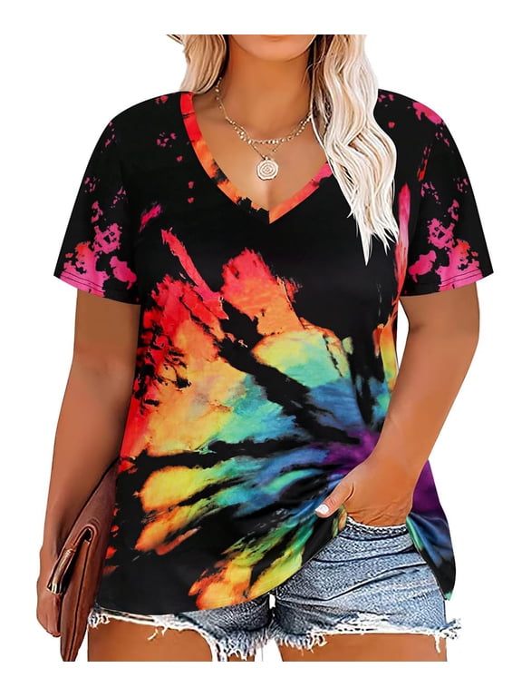 Women's Plus Size Tops Short Sleeve Shirts 3X Rainbow Tie Dye T-shirts V Neck Pullover Blouses Loose Fit Summer Tunics 3XL 22W 24W