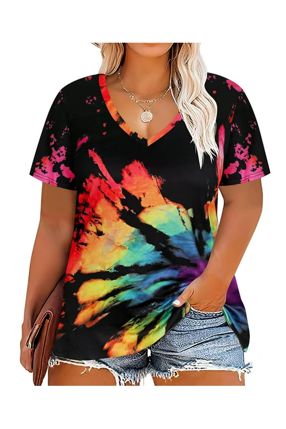 Women's Plus Size Tops Short Sleeve Shirts 3X Rainbow Tie Dye T-shirts V Neck Pullover Blouses Loose Fit Summer Tunics 3XL 22W 24W