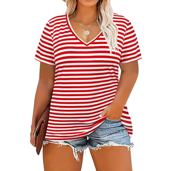 TIYOMI Women's Plus Size Tops Short Sleeve Shirts 3X V Neck Pullover Independence Day Blouses Red Stripe Loose Fit Summer Tunics 3XL 22W 24W