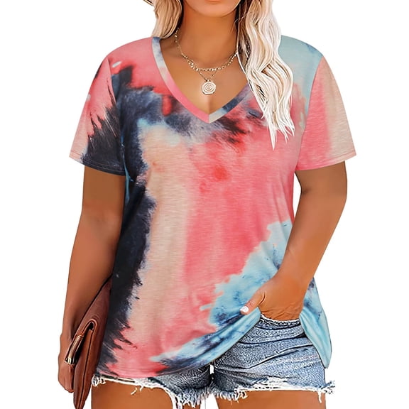 TIYOMI Women's Plus Size Tops Short Sleeve Shirts 3X V Neck Pullover Pink Tie Dye Blouses Colorful Loose Fit Summer Tunics 3XL 22W 24W