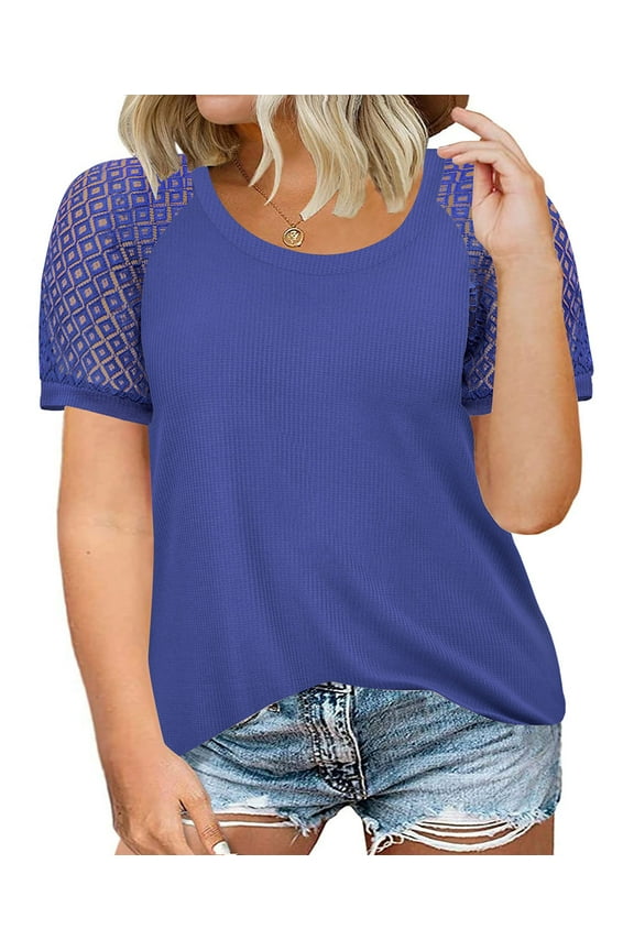 Women's Plus Size Tops Short Sleeve Waffle Shirts 3X Crewneck Pullover Blue Lace Blouses Loose Fit Summer Tunics 3XL 22W 24W