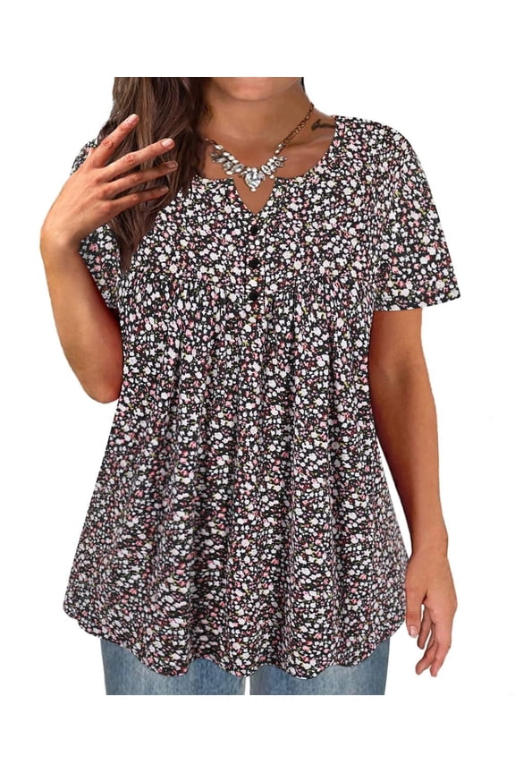 Women's Plus Size Tops Swing Flowy Short Sleeve Tunics 3X Pleated Black Floral Blouse Henley Dressy Shirts Buttons Up Babydoll Pullover Loose Fit Blouses Spring Summer Tunics 3XL 22W 24W