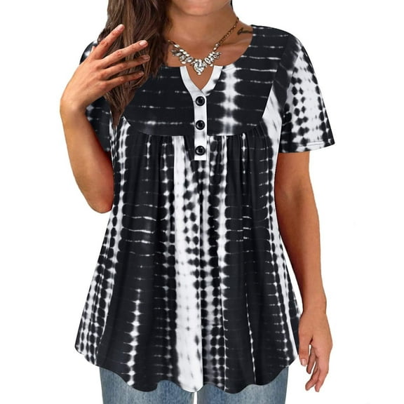 TIYOMI Women's Plus Size Tops Swing Flowy Short Sleeve Tunics 3X Pleated Black Tie Dye Blouse Henley Dressy Shirts Loose Fit Blouses Spring Summer Tunics 3XL 22W 24W