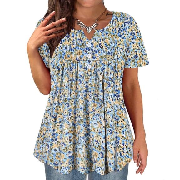 TIYOMI Women's Plus Size Tops Swing Flowy Short Sleeve Tunics 3X Pleated Blue Flower Blouse Henley Dressy Shirts Floral Loose Fit Blouses Spring Summer Tunics 3XL 22W 24W