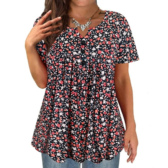 TIYOMI Women's Plus Size Tops Swing Flowy Short Sleeve Tunics 3X Pleated Orange Floral Blouse Henley Dressy Shirts Buttons Up Babydoll Pullover Loose Fit Blouses Spring Summer Tunics 3XL 22W 24W