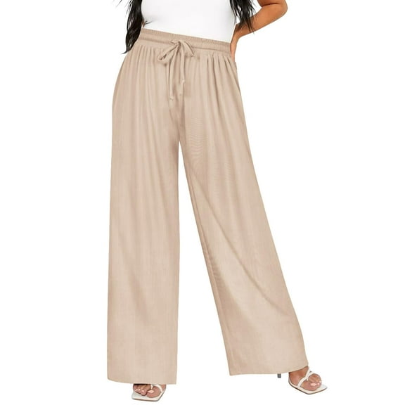 TIYOMI Women's Plus Size Wide Leg Pants 3X Beige Elastic High Waisted Pants Drawstring Summer Travel Trousers Lounge Pants With Pockets 3XL 22W 24W