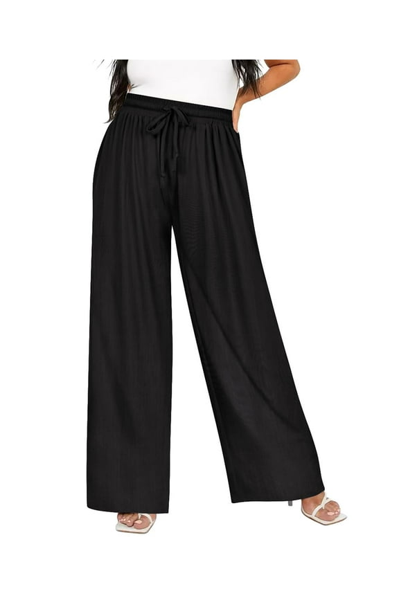 Women's Plus Size Wide Leg Pants 3X Black Elastic High Waisted Pants Drawstring Summer Travel Trousers Lounge Pants With Pockets 3XL 22W 24W