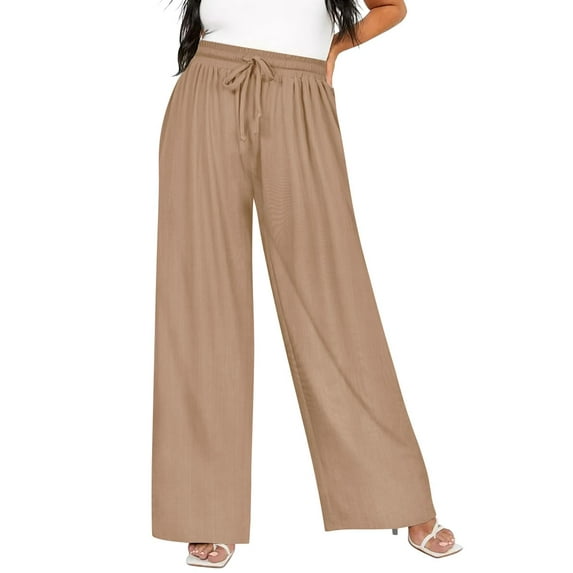 TIYOMI Women's Plus Size Wide Leg Pants 3X Khaki Elastic High Waisted Pants Drawstring Summer Travel Trousers Lounge Pants With Pockets 3XL 22W 24W
