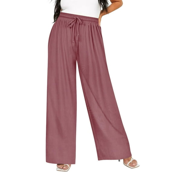 TIYOMI Women's Plus Size Wide Leg Pants 3X Pink Elastic High Waisted Pants Drawstring Summer Travel Trousers Lounge Pants With Pockets 3XL 22W 24W