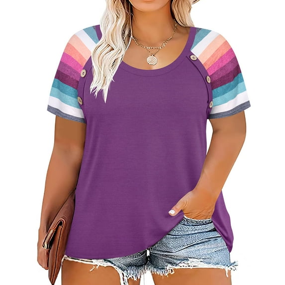 TIYOMI Women's Tops Plus Size Round Neck 2X Rainbow Stripe Sleeve Tee Purple Raglan Shirts Casual Summer Short Sleeve Crewneck Tops Casual Blouses 2XL 18W 20W