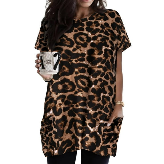 TIYOMI Women's Tunics Plus Size Summer Leopard Tops Short Sleeve Shirts Animal Cheetah Pocket Tunic Tops Casual Long Shirts to Wear with Leggings XL 14W 16W