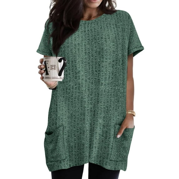 TIYOMI Women's t shirts Plus Size 4X Deep Green Shirts Summer Knitting Short Sleeve Tops Crewneck Pocket Tee for women Knitted Sweatshirts Tunic Blouses Casual T-Shirt 4XL 24W 26W