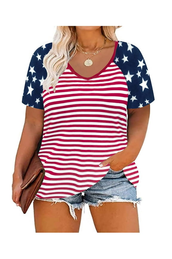 Womens American Flag Tops 4x Plus Size Raglan Tees 4th of July Tops Short Sleeve Tees Red Striped Shirts Basic V-Neck Patriotic Tunics Casual Blouses 4XL 24W 26W