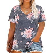 TIYOMI Womens Floral Plus Size Shirts 4X Short Sleeve Tops V-Neck Summer Tee Casual Tunics Loose Fit Blouses 4XL 24W 26W
