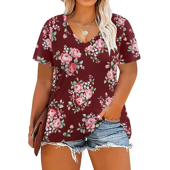TIYOMI Womens Floral Plus Size Shirts 4X Short Sleeve Tops V-Neck Summer Tee Casual Tunics Loose Fit Wine Red Blouses 4XL 24W 26W
