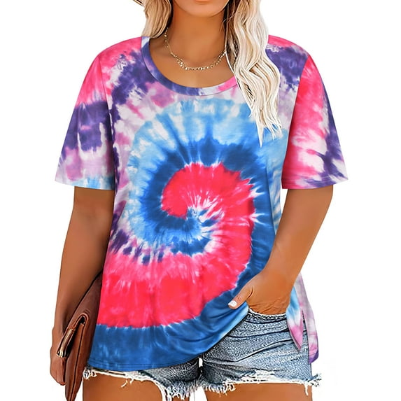 TIYOMI Womens Plus Size 5X Tops Colorful Tie Dye Oversized T-Shirts Short Sleeve Shirts For Women Dressy Casual Round Neck Slit Tops Workout Pullover Summer T-Shirt 5XL 26W 28W