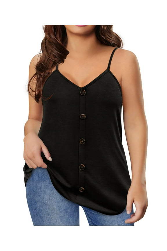 Womens Plus Size Camisole 2X Adjustable Strappy Summer Spaghetti Strap Tank Tops Solid Color Buttons Black Beach V Neck Casual Cami Loose Fit Vest 2XL 18W 20W