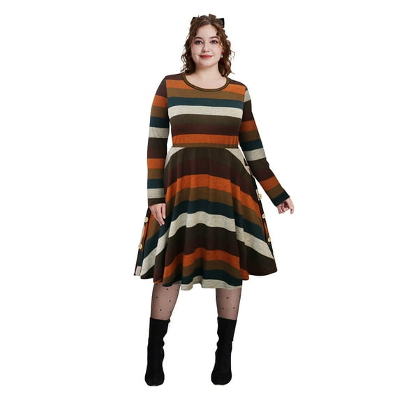 TIYOMI Womens Plus Size Dress 2X Basic Orange Stripe Long Sleeve Button Dress Elegant Crewneck Casual Loose Fit Fall Winter Dress 2XL 18W 20W