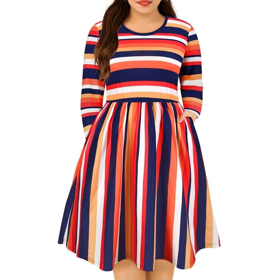 TIYOMI Womens Plus Size Dress 2X Basic Rainbow Stripe Long Sleeve Dress Elegant Crewneck Casual Loose Fit Fall Winter Dress 2XL 18W 20W