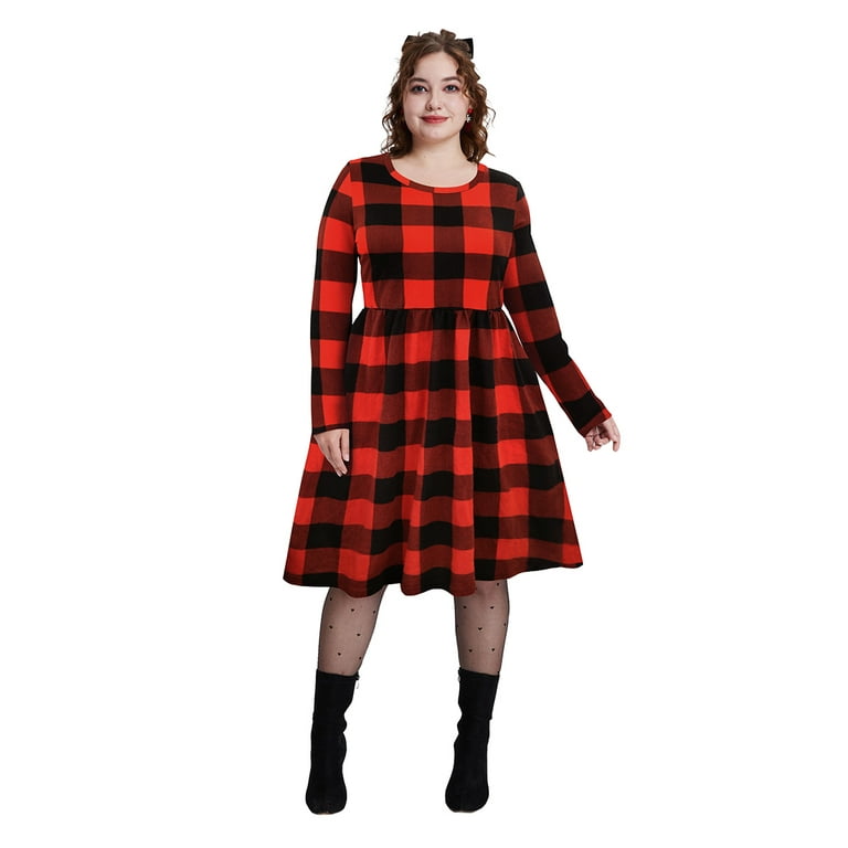TIYOMI Womens Plus Size Dress 2X Basic Red Plaid Christmas Long Sleeve Button Dress Elegant Solid Color Crewneck Casual Loose Fit Fall Winter Dress