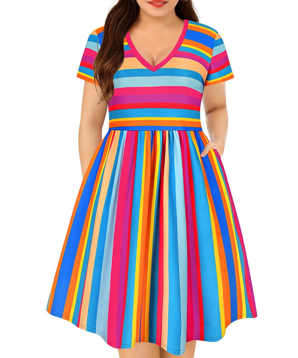 TIYOMI Womens Plus Size Dress 2X Basic Summer Pride Month Short Sleeve  Rainbow Elegant V Neck Vacation Holiday Maxi Dress Casual Loose Fit Dress  2XL 18W 20W - Walmart.com