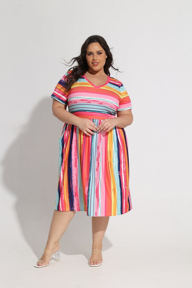 Colorful Rainbow Plus Size Women Clothes Oversize Tshirt Dress For Women Casual Plus Size V Neck Short Sleeves Loose Fit Summer Midi Tunic Dresses With Pockets Colorful Rainbow Plus Size Women Clothes Oversize Tshirt Dress For Women Casual Plus Size V Neck Short Sleeves Loose Fit Summer Midi Tunic Dresses With Pockets