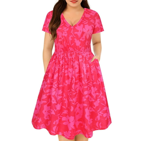 TIYOMI Womens Plus Size Dress Basic Short Sleeve Pink Floral V Neck Hawaiian Casual Elegant Vacation Holiday Maxi Dress Loose Fit For Summer 5XL 26W 28W