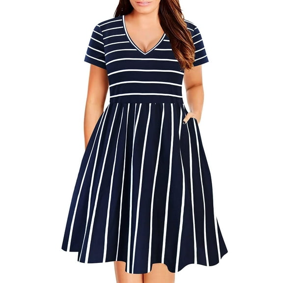 TIYOMI Womens Plus Size Dress Basic Stripe Summer Elegant Raglan Short Sleeve V Neck Navy Blue Casual Tie Waist Loose Fits Dress XL 14W 16W