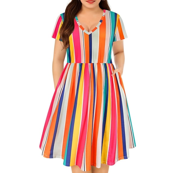 TIYOMI Womens Plus Size Dress Rainbow Summer Elegant Dress Short Sleeve V Neck Dress Pride Month Vacation Holiday Dress Casual Loose Fit Dress XL 14W 16W
