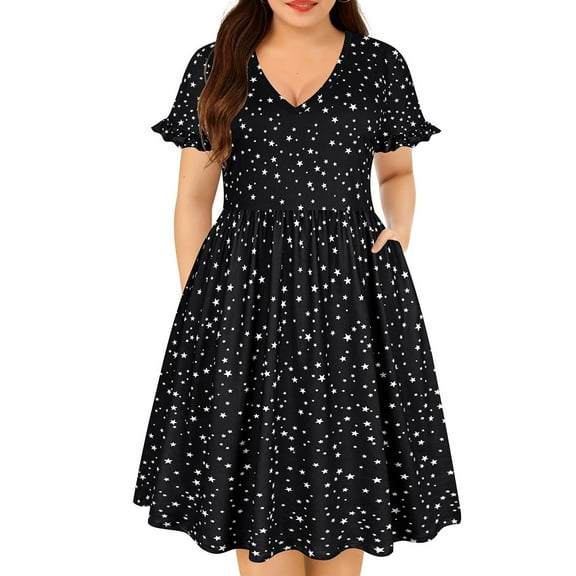 TIYOMI Womens Plus Size Dress Summer Black Star Elegant Dress Short Sleeve V Neck Dress Vacation Holiday Maxi Dress Casual Loose Fit Dress XL 14W 16W
